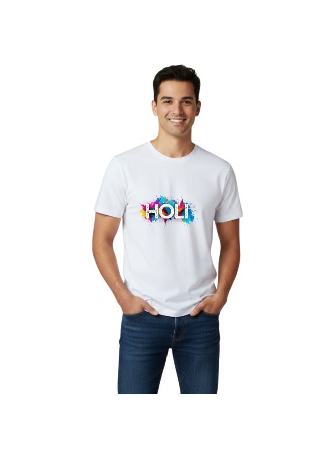 BrainGiggles Happy Holi T Shirt for Men & Women | White Round Neck Unisex Holi T-shirt for Adults | Festival of Colors Graphic Tee, Unisex Crew Neck Short Sleeve Holi Party Outfit - Image 3